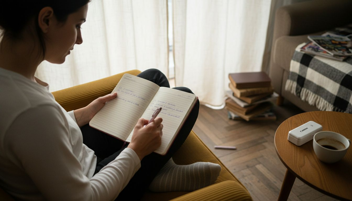 Жена води личен дневник у дома, в който записва своите здравословни навици и състояние.