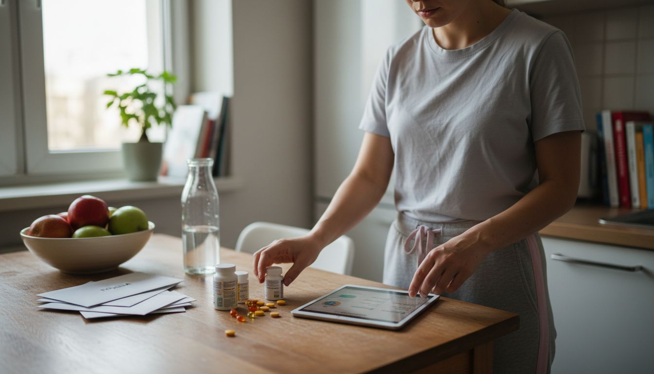 Žena si organizuje denní příjem vitamínů, aby nevynechala ani jednu dávku a lépe se starala o své zdraví.