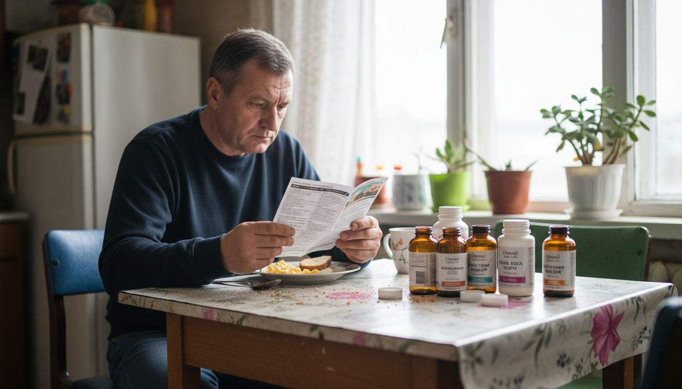 Мъж избира хранителни добавки за здрава кожа, докато седи на кухненската маса и разглежда различните опаковки.