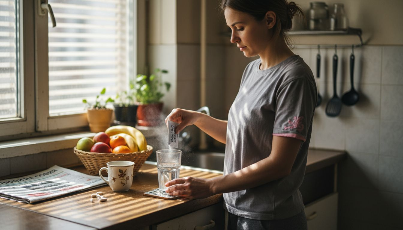 Жена приготвя хранителна добавка в уютната си домашна кухня.