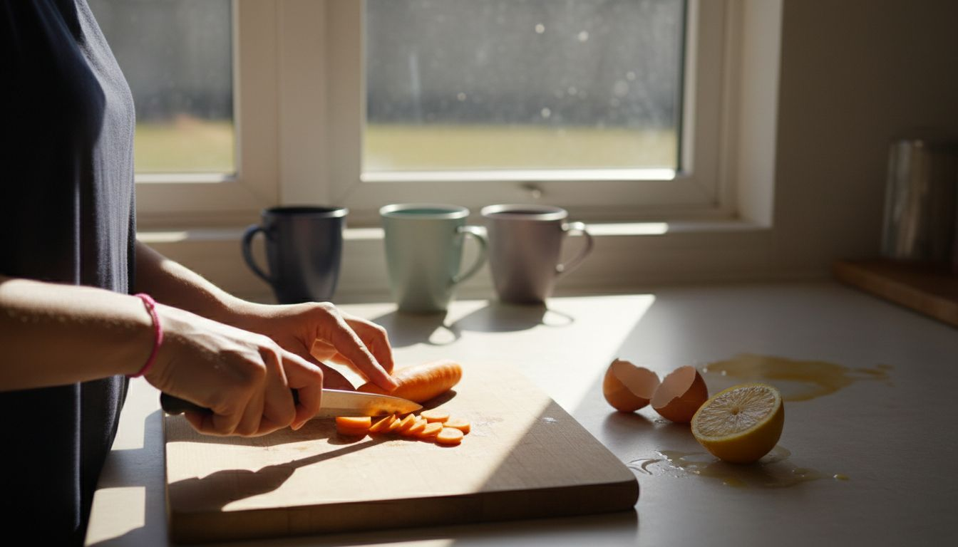 Ръце нарязват моркови, а до тях се трупат черупки от яйца.