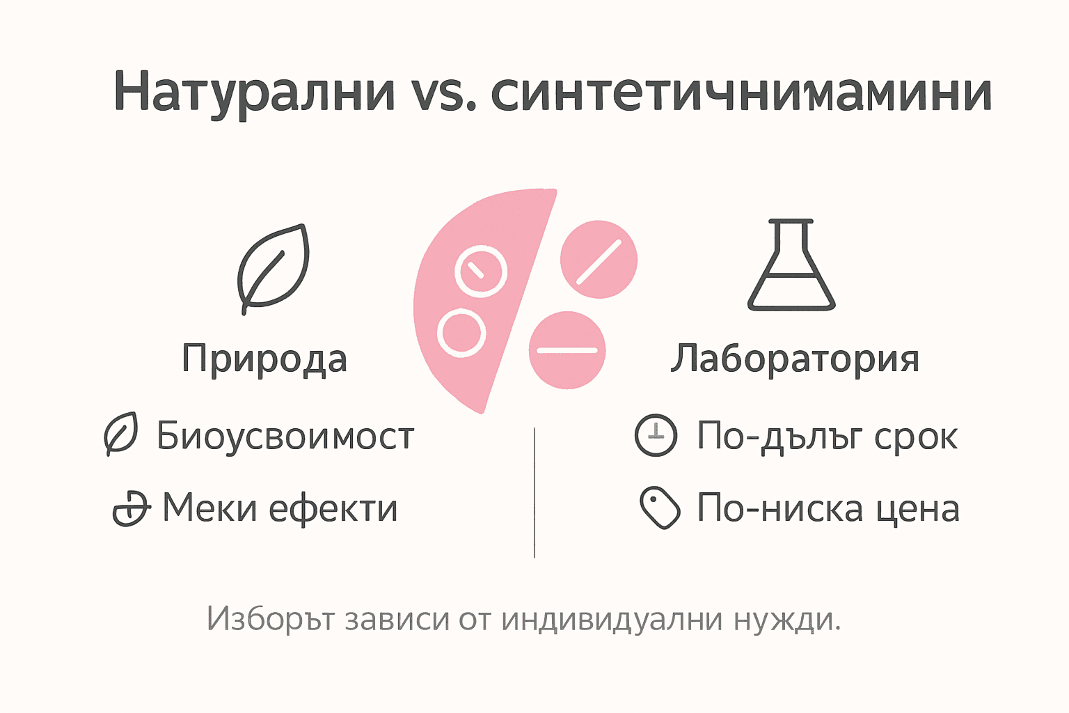 Инфографика, която показва основните разлики между естествените и синтетичните витамини