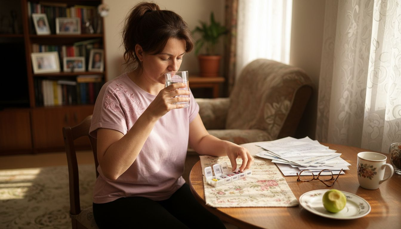 Жена подрежда витамините си на кухненската маса у дома, като внимателно ги сортира и проверява кои трябва да приема.