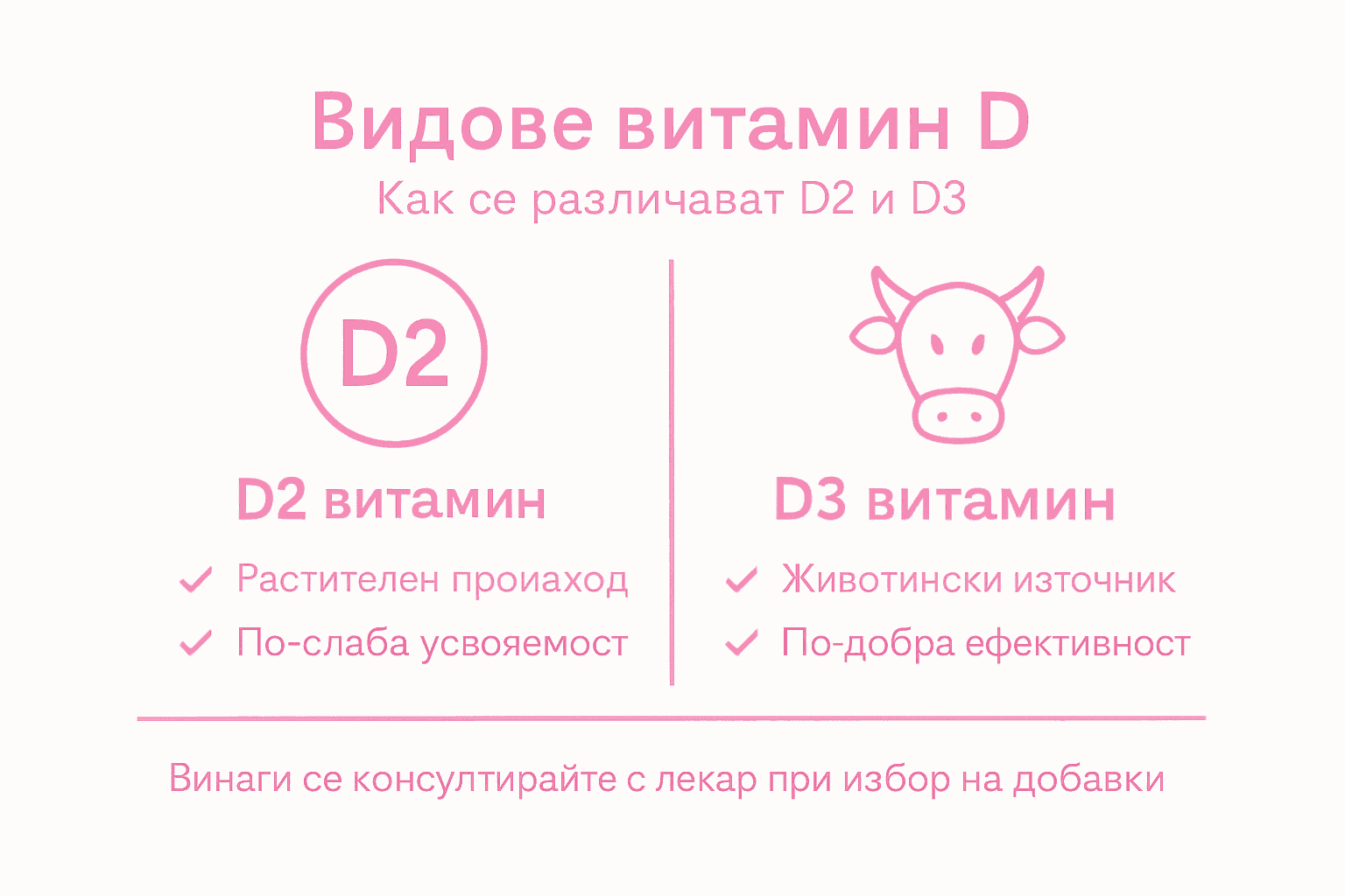 Инфографика, която показва основните разлики между витамин D2 и D3