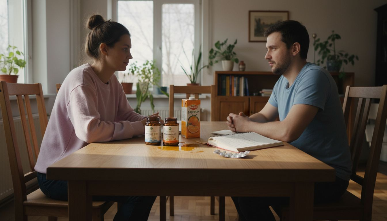 Двама обсъждат и споделят мнения за хранителни добавки, предназначени за жени.