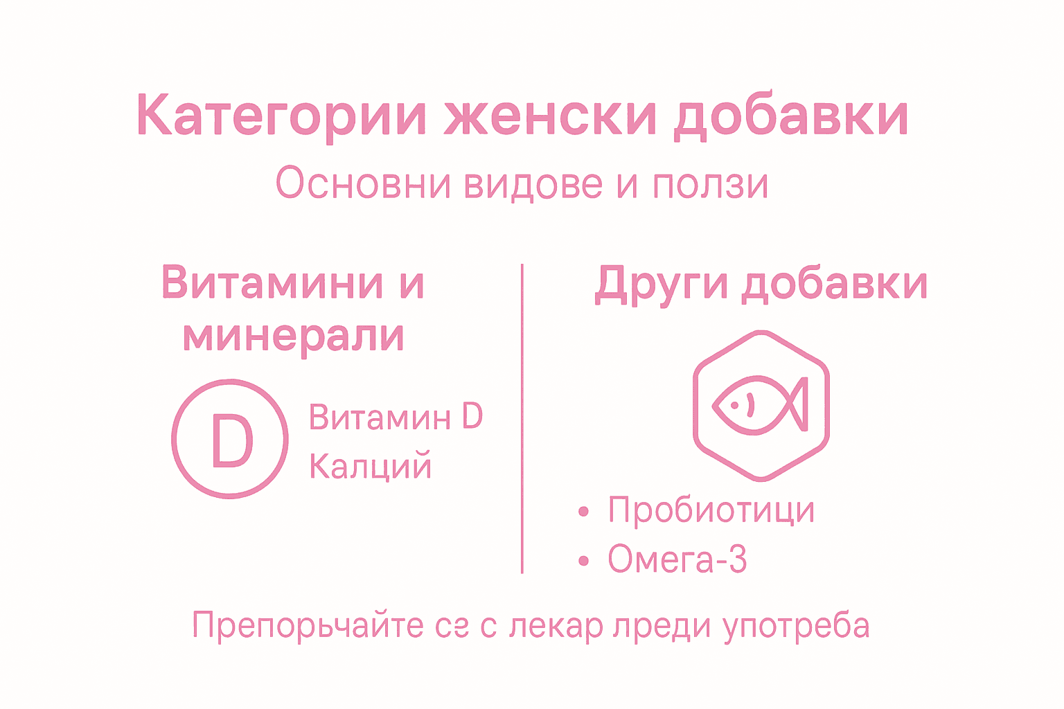 Инфографика с основните видове хранителни добавки за жени