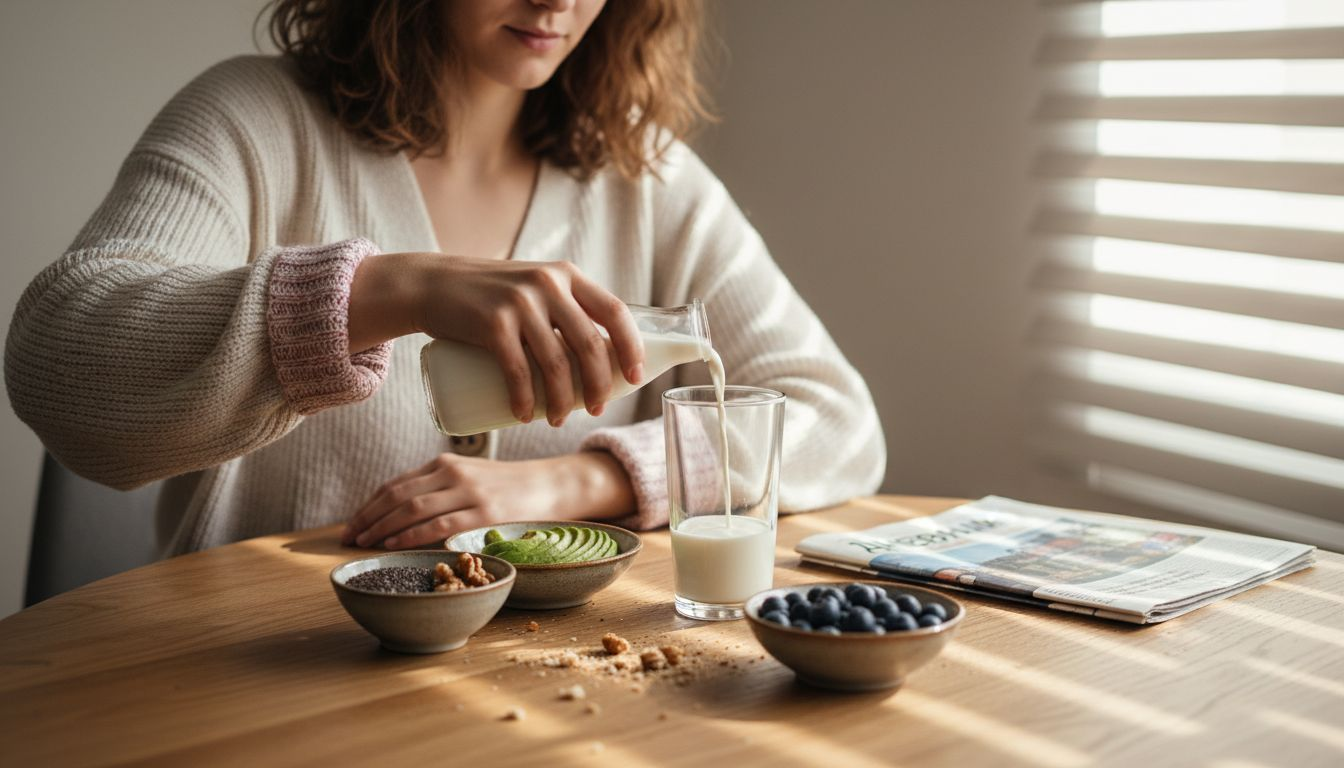 Жена седи на масата за хранене, заобиколена от разнообразни суперхрани.