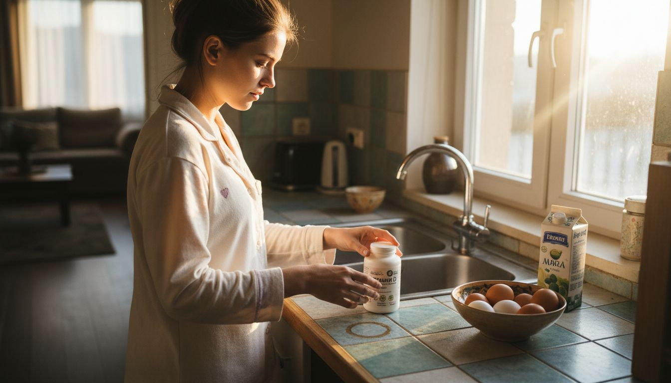 Жена си взима витамин D сутрин в кухнята, докато приготвя закуска.