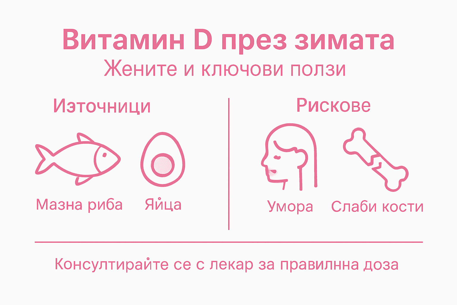 Инфографика с най-важната информация за източниците на витамин D и потенциалните рискове при недостиг или прекомерен прием