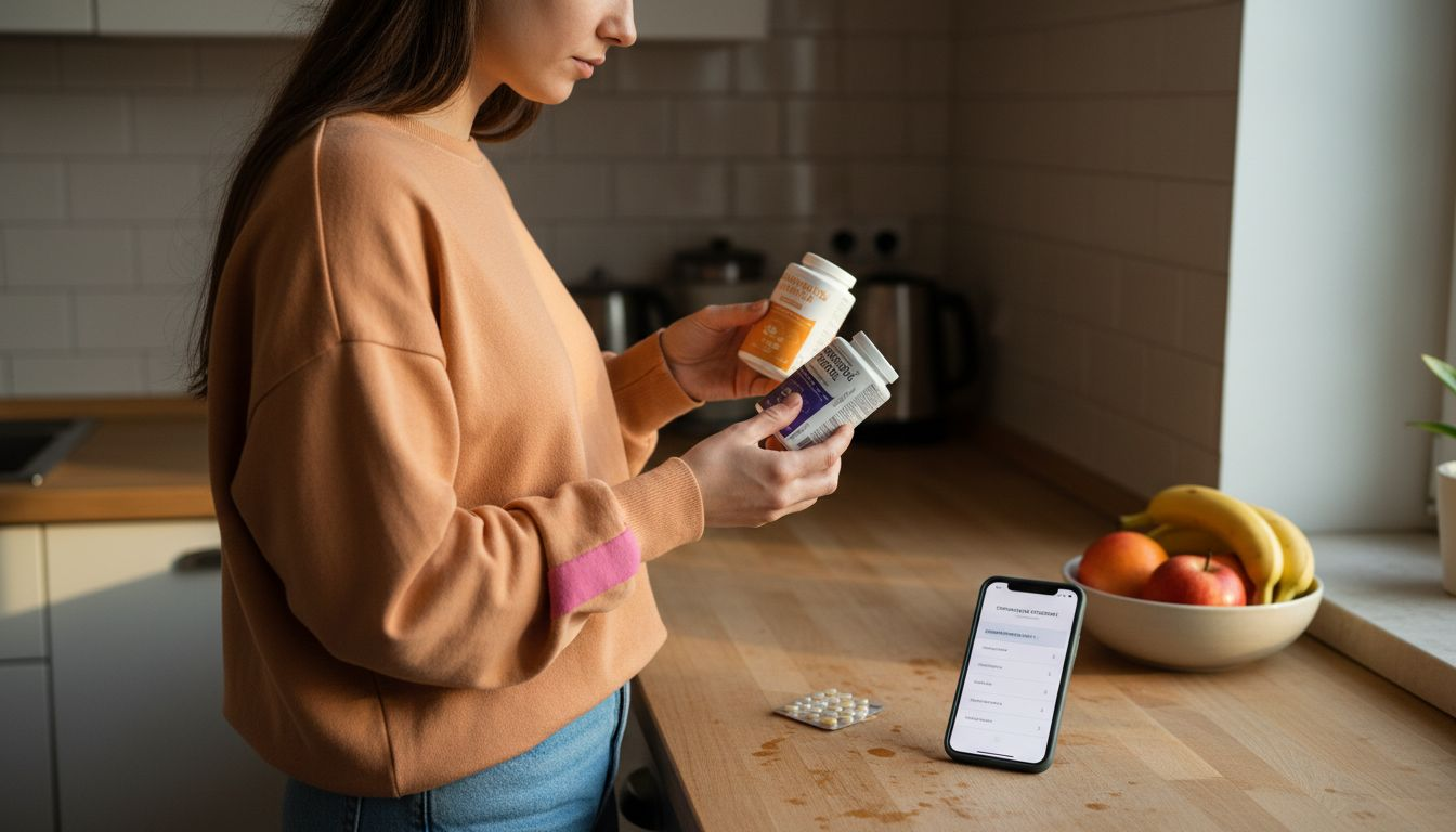 Жена разглежда и сравнява различни видове опаковки на хранителни добавки