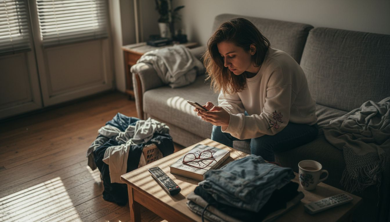 Изтощена жена се е отпуснала на дивана, държи телефона си в ръка.