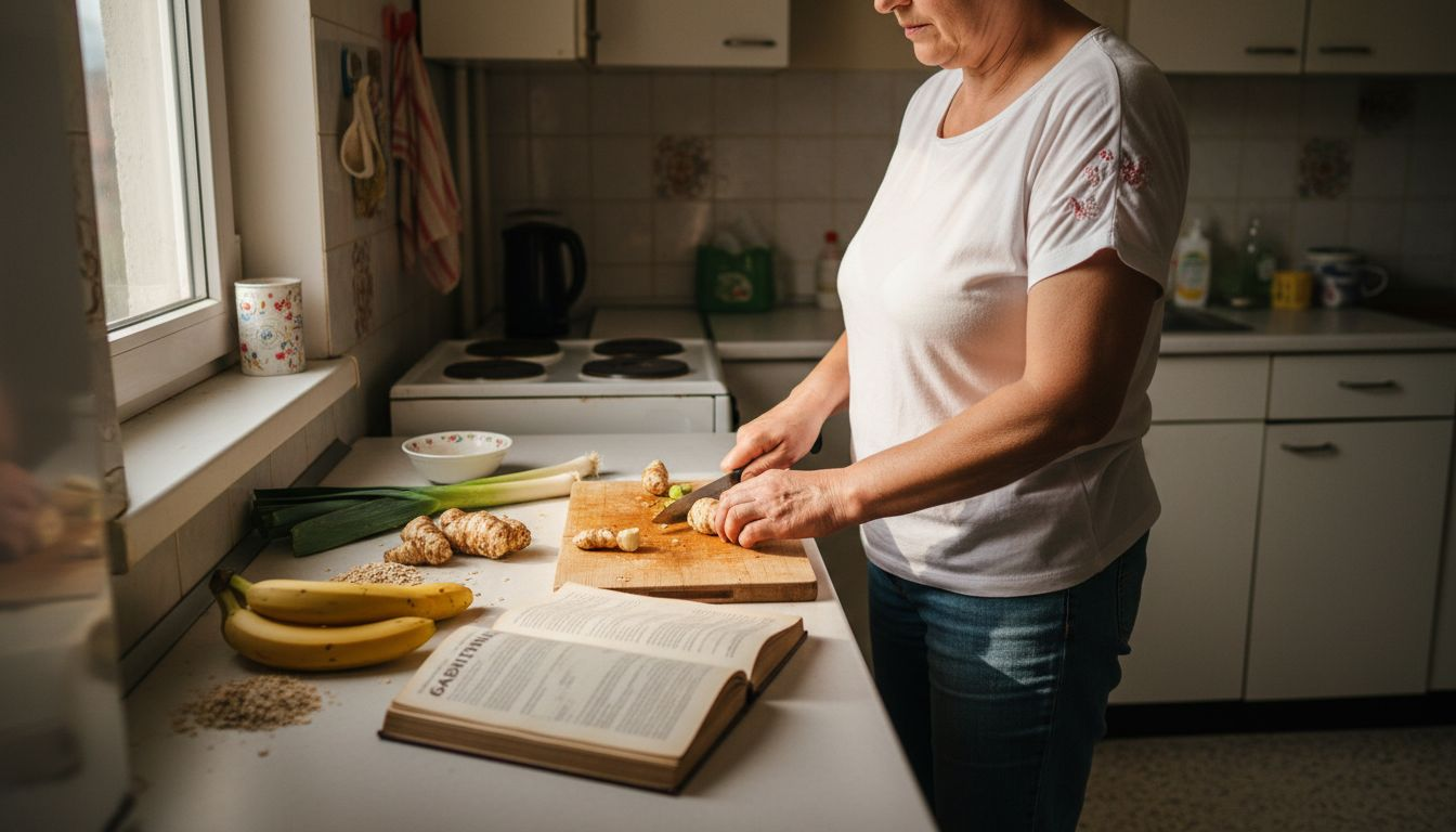Жена приготвя храни, богати на пребиотици, в уютната си кухня.