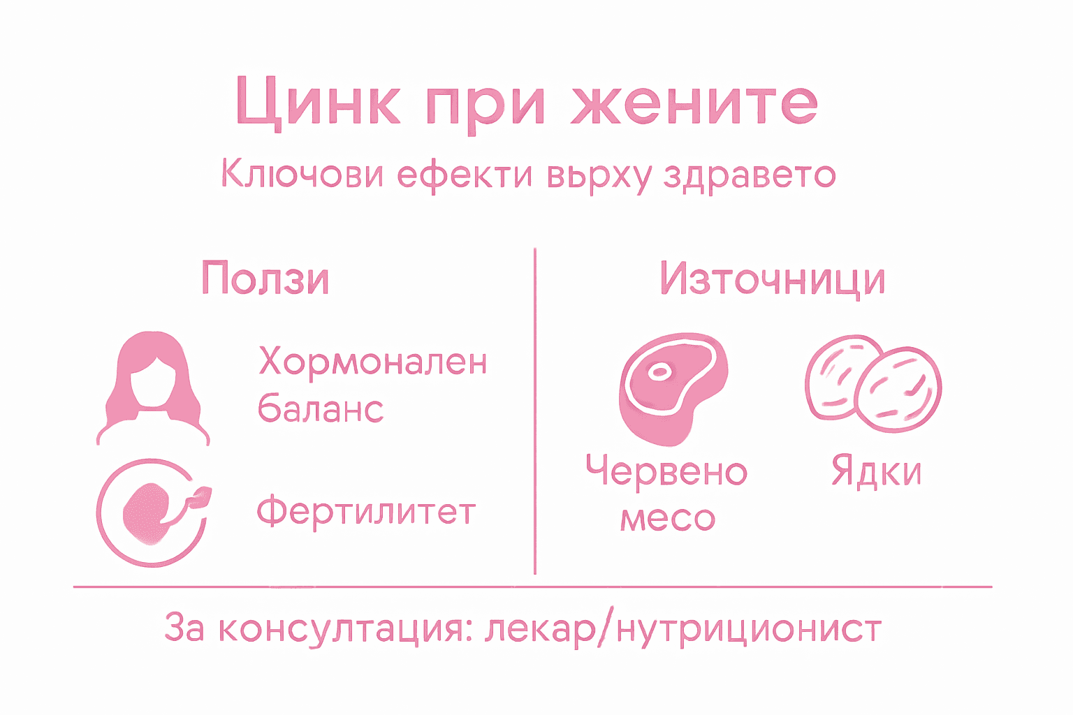 Инфографика: Цинкът и женското здраве – ключови ползи и основни хранителни източници