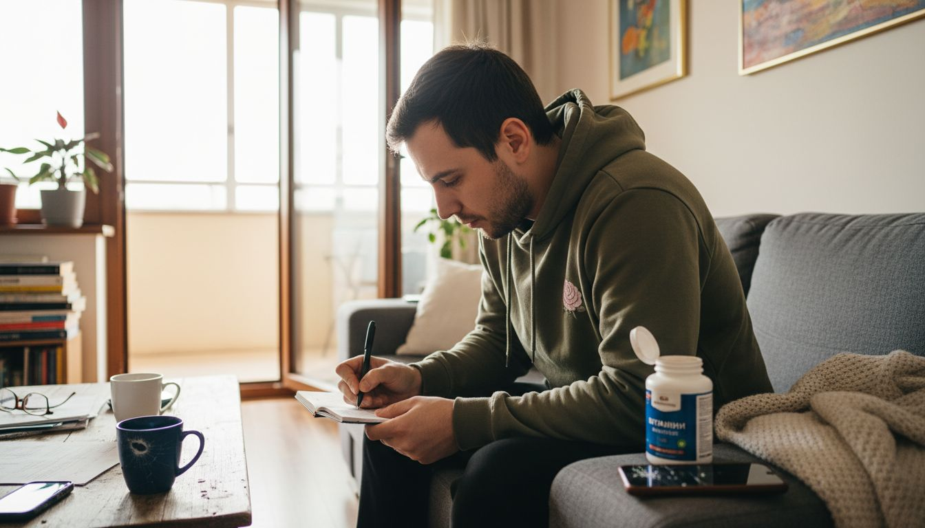 Мъж си записва здравословните навици, докато е отпуснат на дивана.