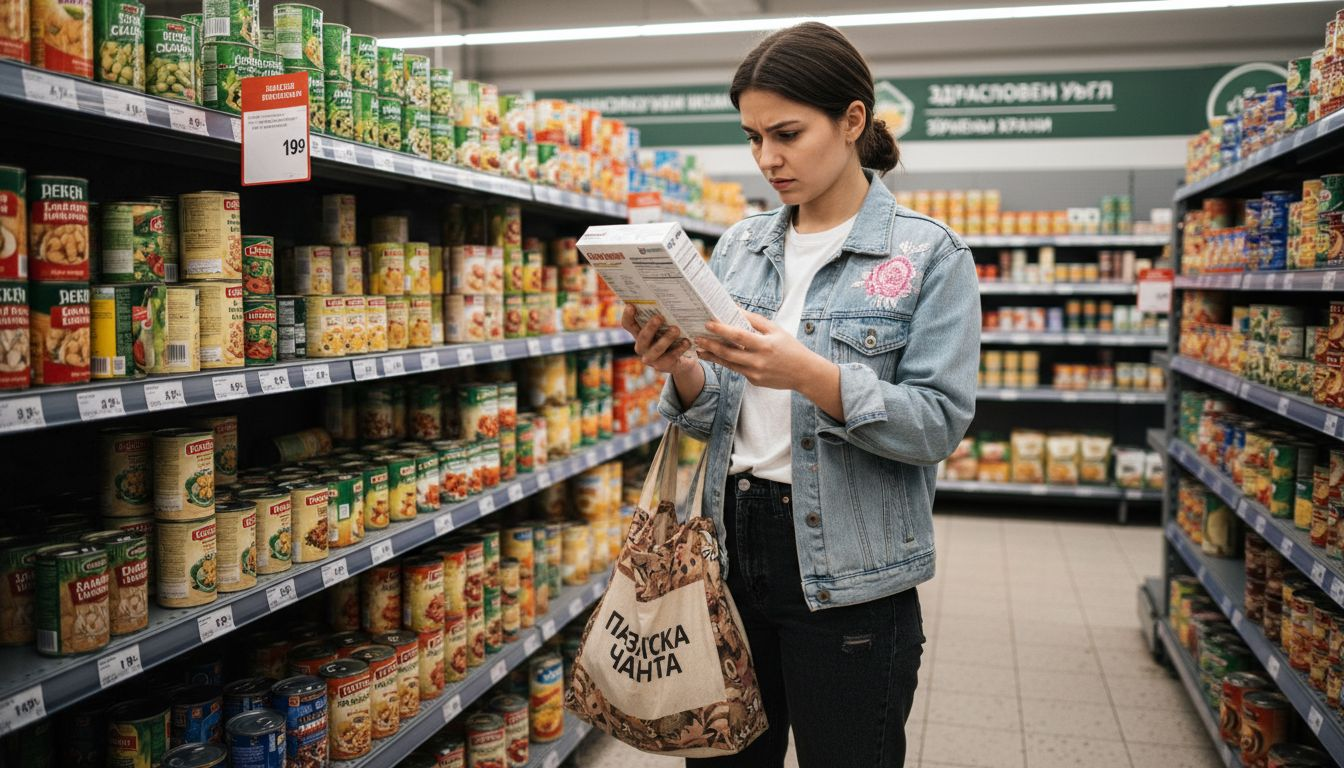 Жена разглежда внимателно етикетите на храните в супермаркета, за да избере най-подходящите продукти.