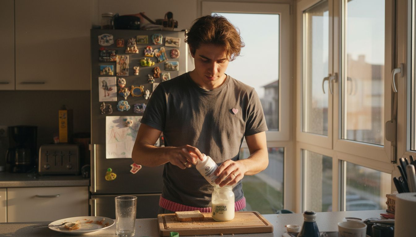 Мъж в кухнята си хапва кисело мляко и взима пробиотици за здраве.