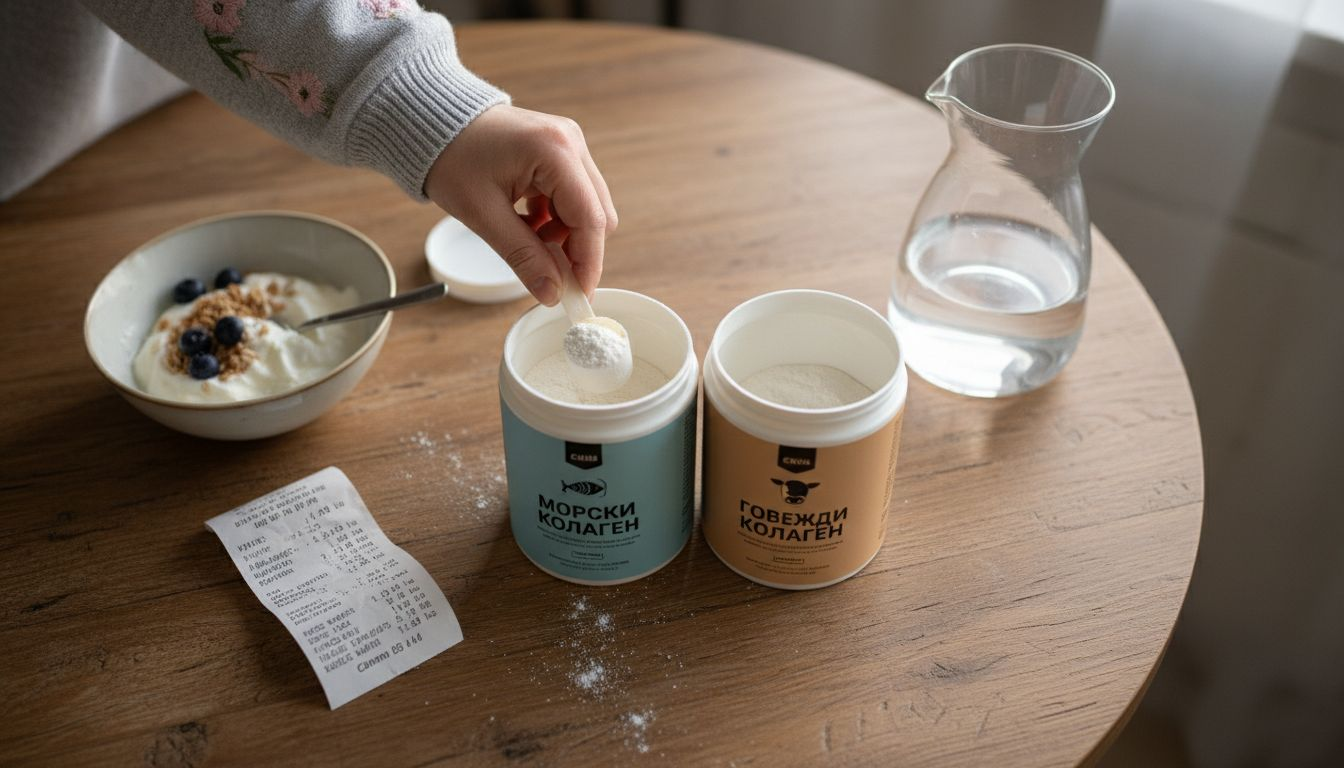 Добавки с колаген, подредени на кухненската маса у дома
