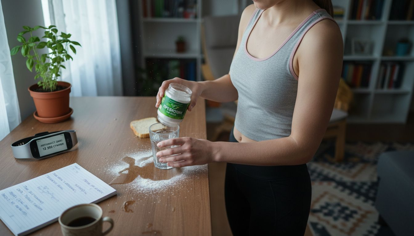 Жена сипва прахообразен пребиотик във чаша, за да обогати напитката си.