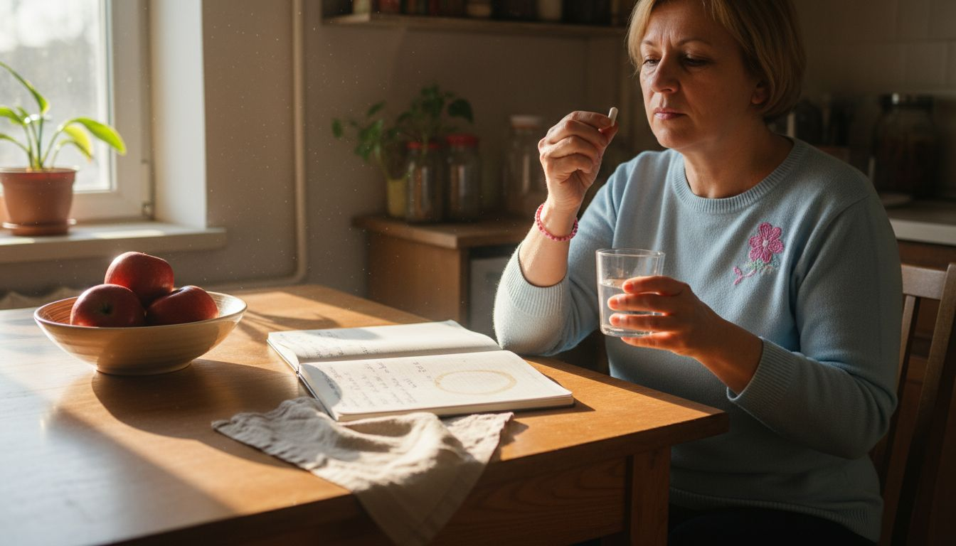 Жена приема пробиотик, седнала на кухненската маса.