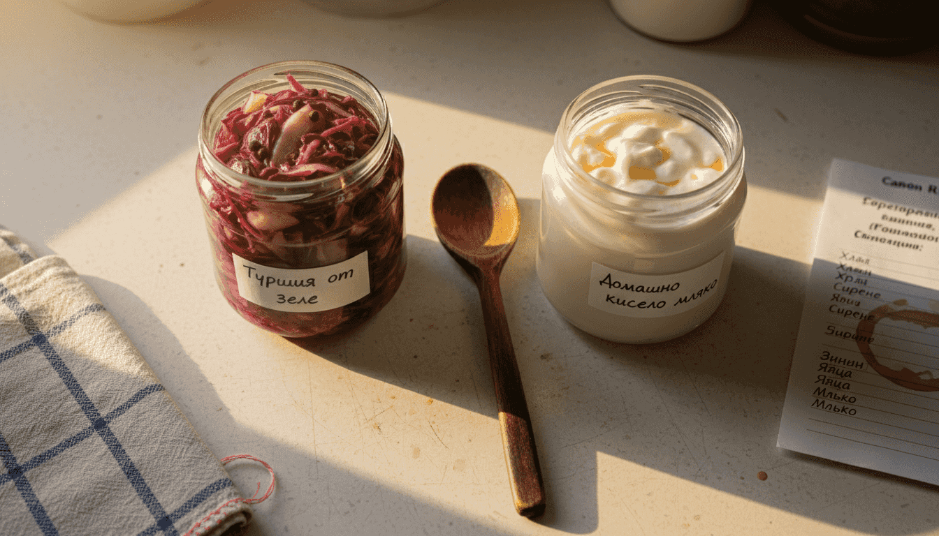 Стъклени бурканчета с ферментирали храни, наредени върху кухненския плот