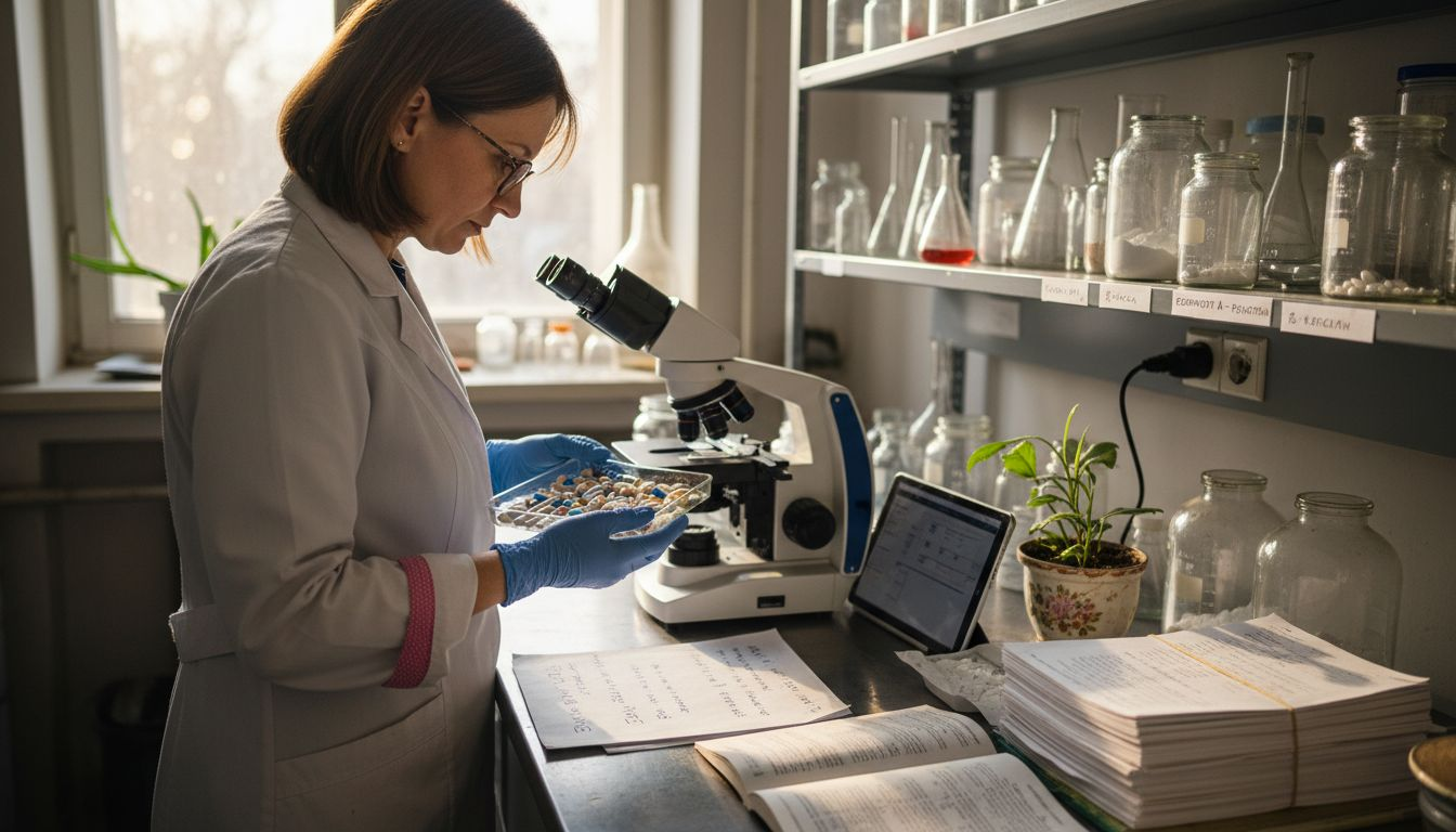 Ученият внимателно изследва съставките на хранителната добавка в лабораторията, за да провери тяхното качество и безопасност.