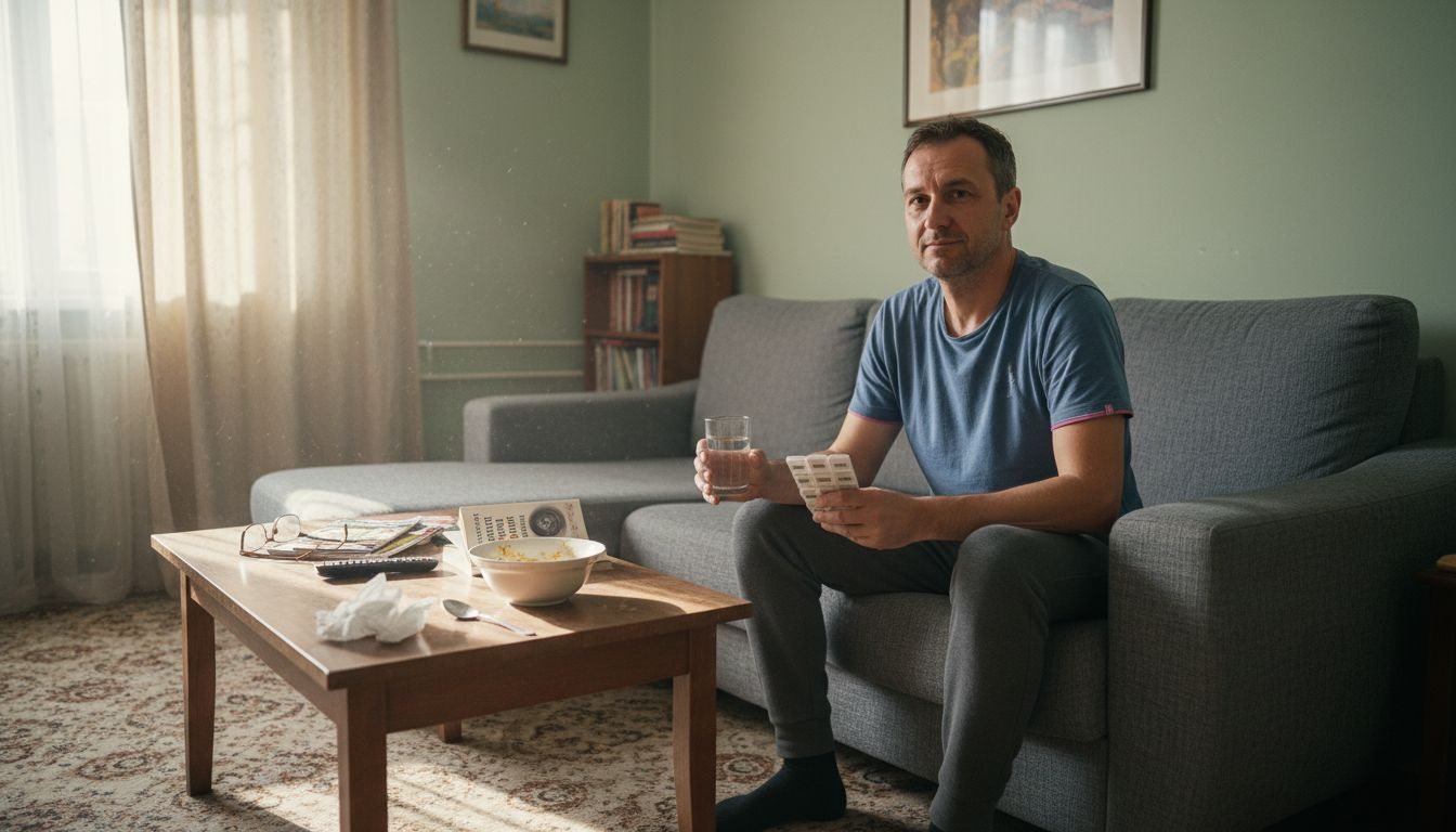 Мъж подрежда хранителните си добавки в специална кутия за хапчета, за да ги приема по-лесно и организирано.