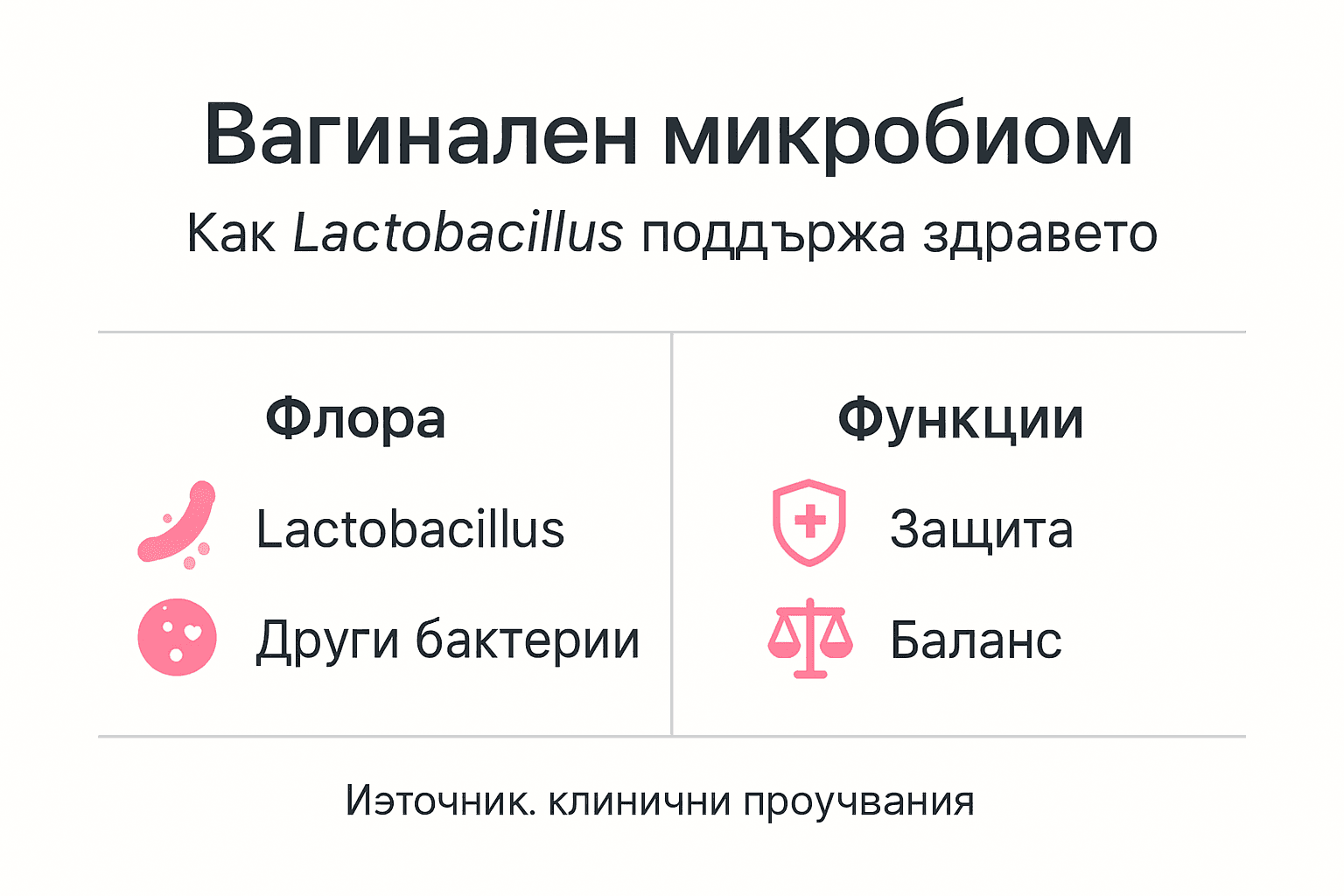 Инфографика, която представя структурата и ролята на вагиналната микробиота
