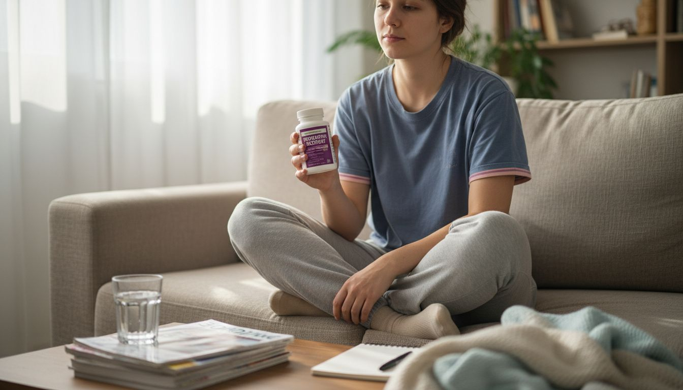 Egy nő egy csomag probiotikumot tart a nappalijában.
