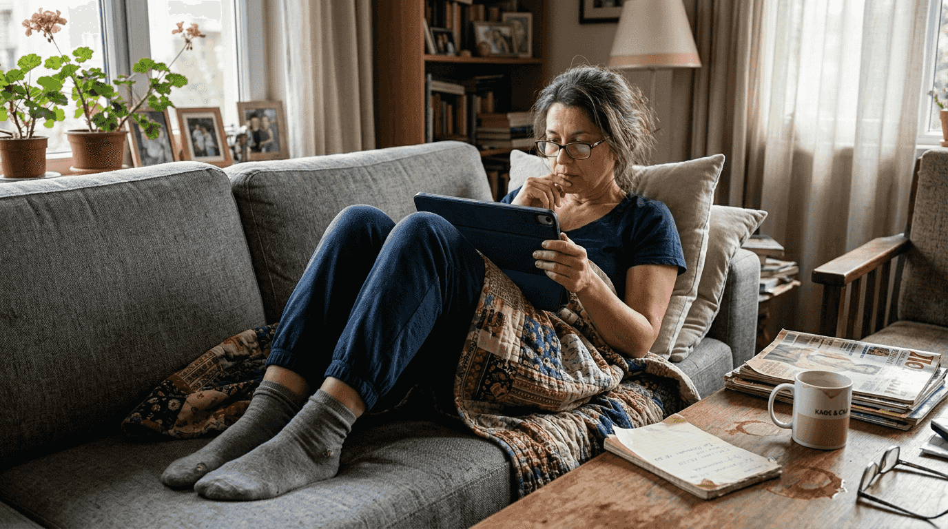 Egy nő kényelmesen ül otthon a kanapén, és egy klinikai tanulmányt olvas.