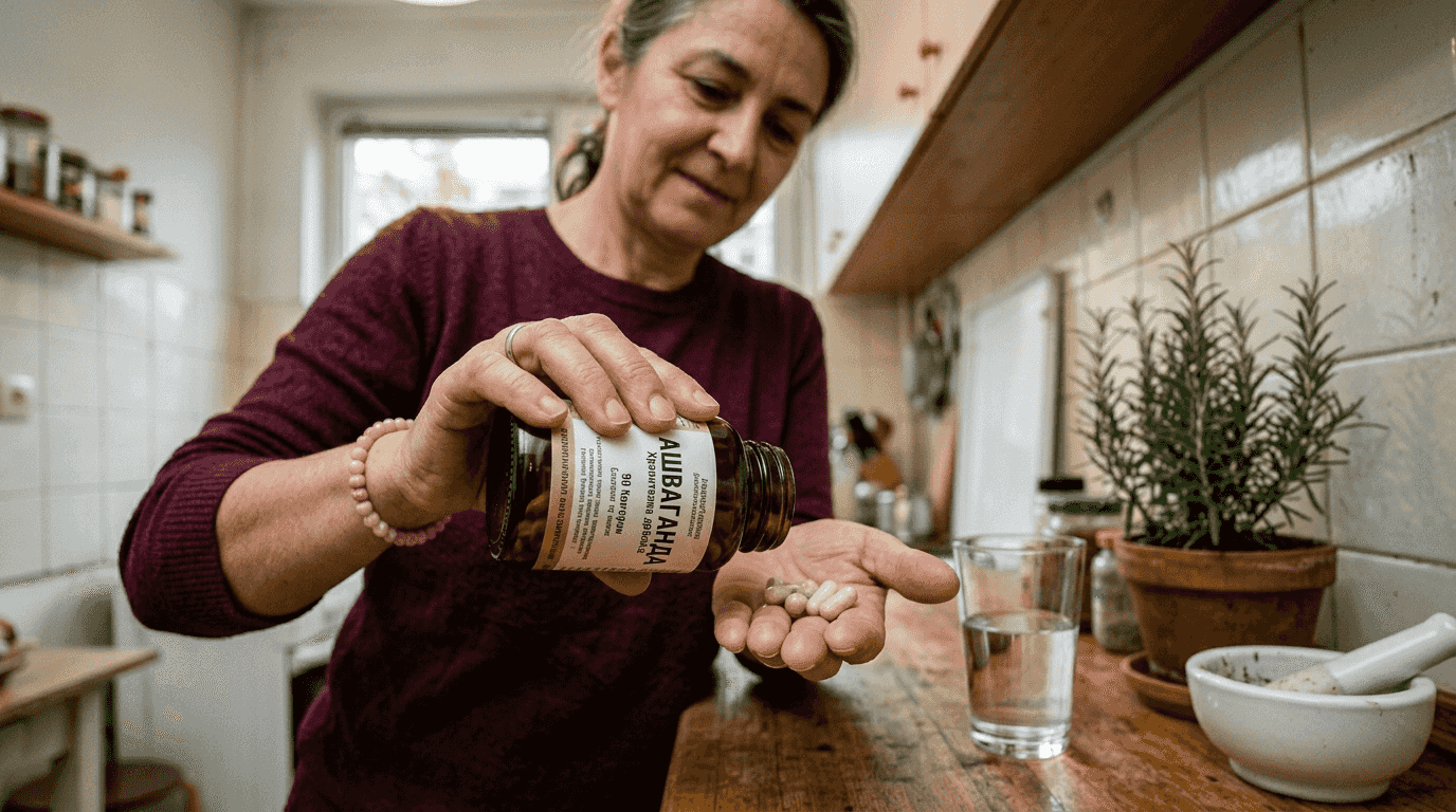 Жена у дома внимателно разглежда добавка с ашваганда.
