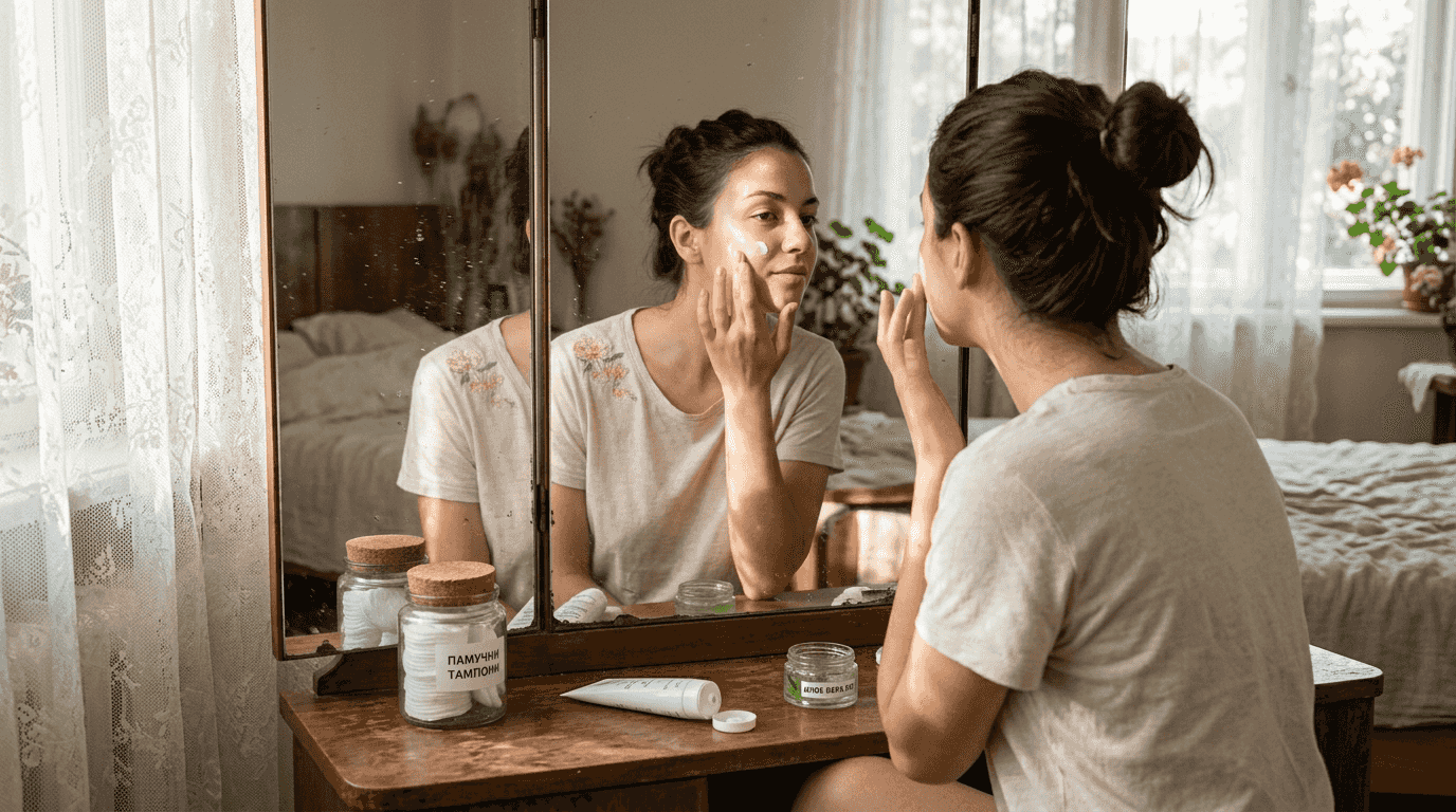 Жена се грижи за кожата си, нанасяйки крем на лицето пред огледалото.