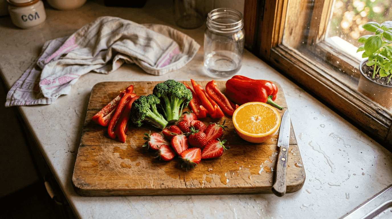 Friss, C-vitaminban gazdag gyümölcsök és zöldségek a konyhapulton elrendezve