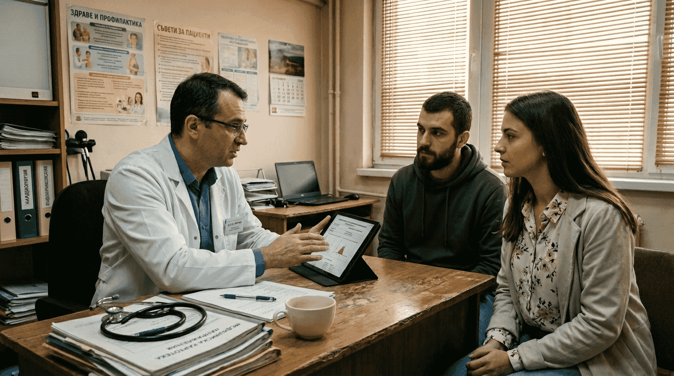 Egy orvos megbeszéli a vizsgálati eredményeket a betegeivel.