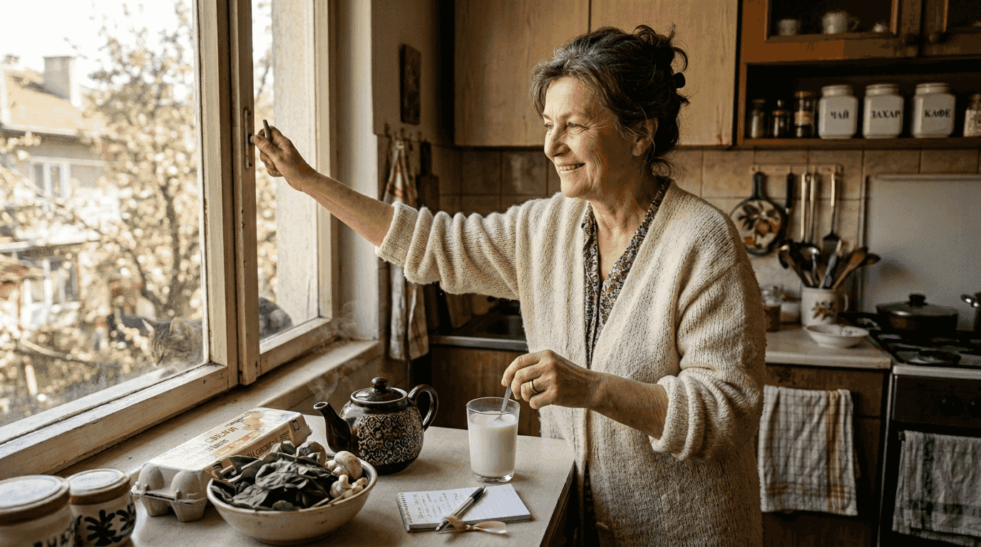 Жена приготвя здравословна закуска, богата на калций, в слънчевата си кухня.