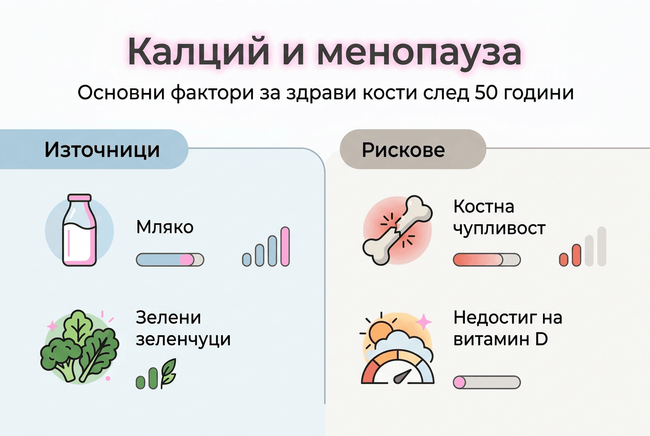Инфографика: основни източници на калций и потенциални рискове при жени в менопауза