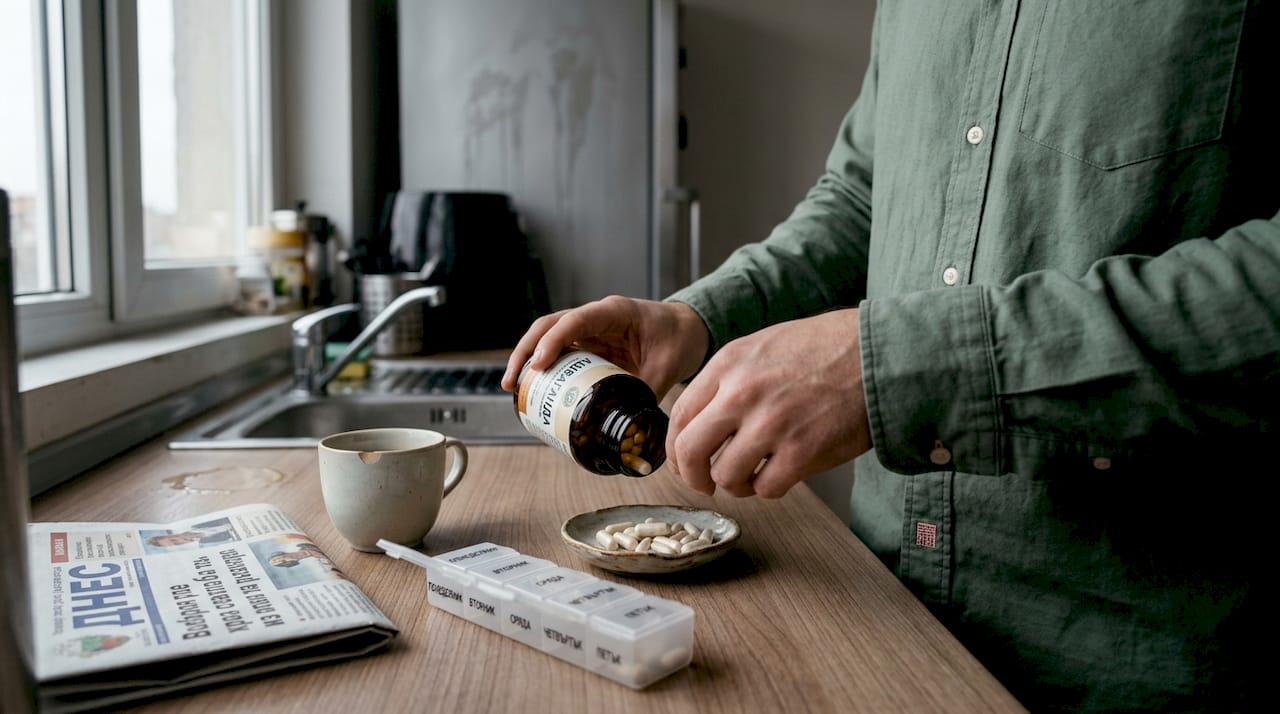 Изсипвам капсулите с ашваганда в купичка.