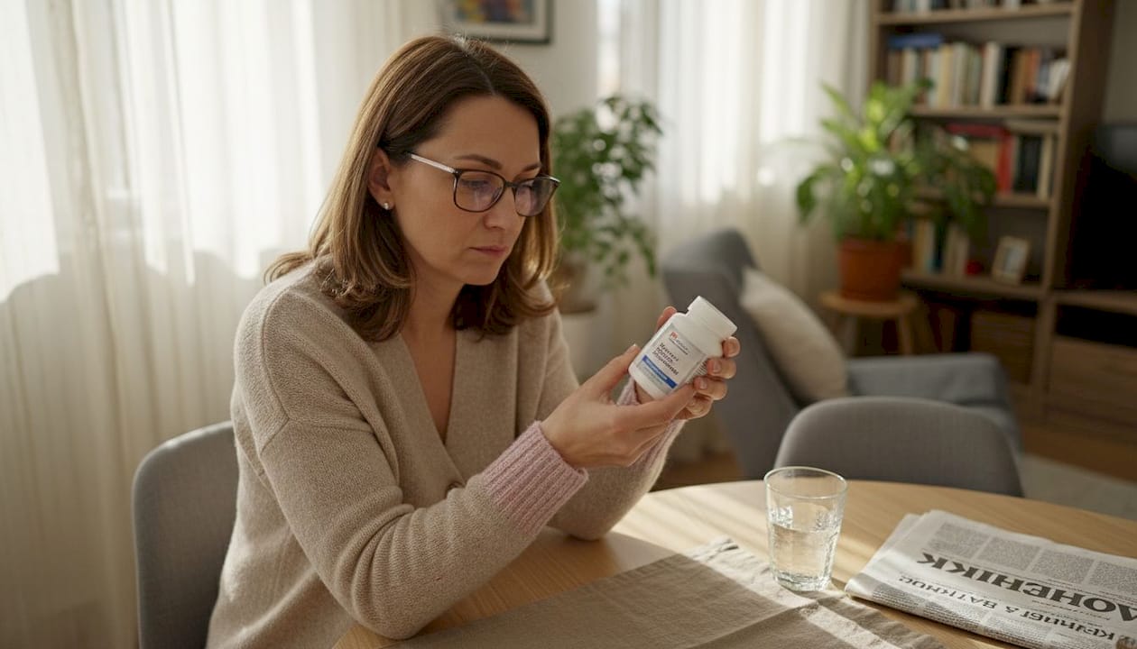 Жена внимателно разглежда етикета на добавка с калций, докато седи на масата.