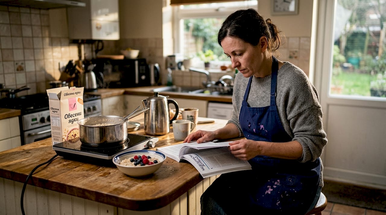 Млада жена разглежда статия за женските хормони, докато си пие кафето в кухнята.