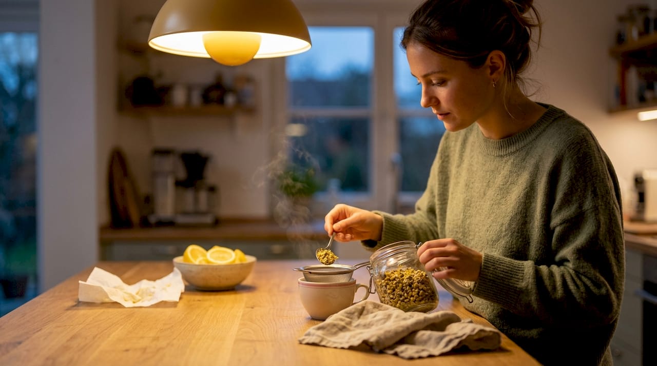 В кухнята една жена си запарва ароматен чай от лайка.