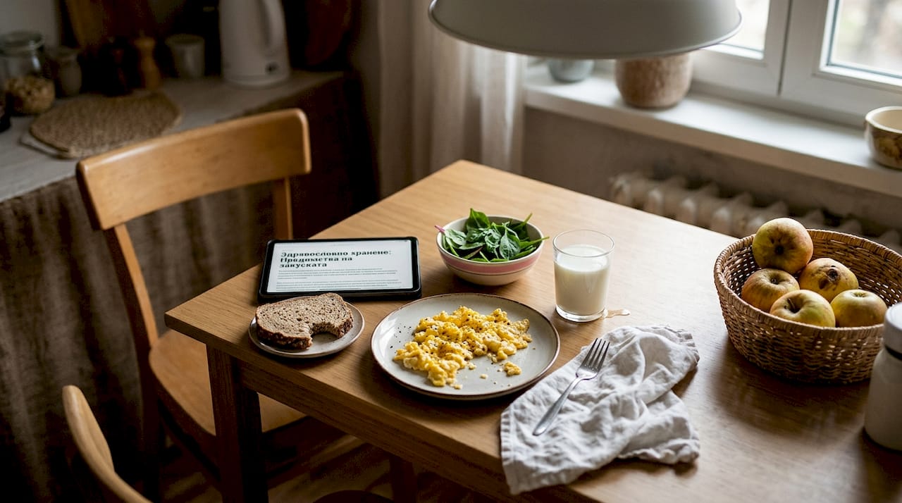 Маса, отрупана с вкусни и здравословни закуски, до която лежи таблет.