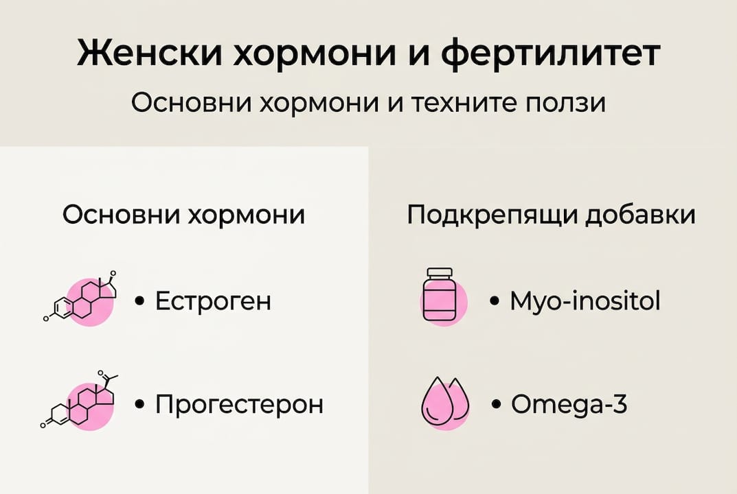Инфографика, представяща основните женски хормони и препоръчани добавки за тяхното балансиране