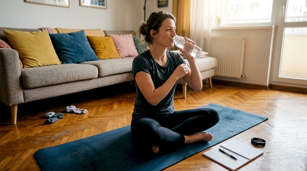 Млада жена спортува вкъщи и си води записки по време на тренировката.