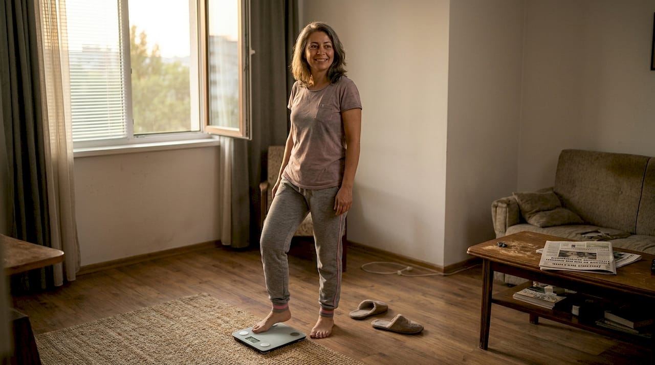 Жена се тегли на кантара в хола.