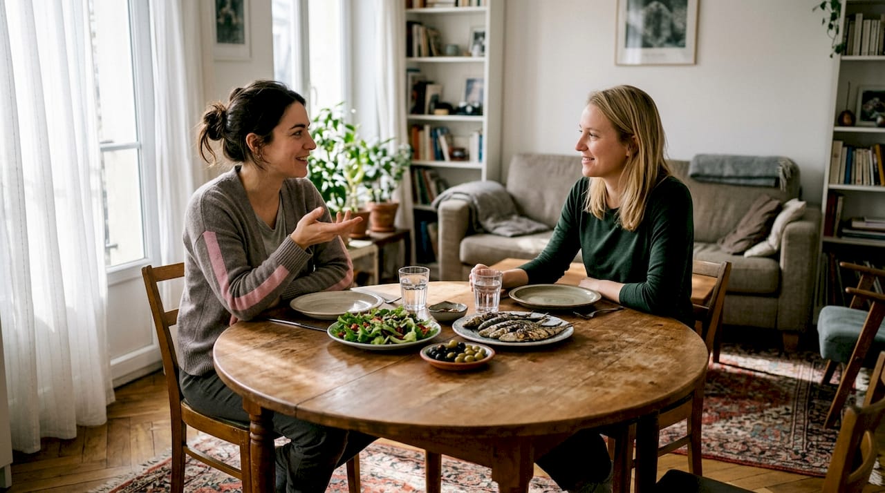 Жени се събират около масата вкъщи и се наслаждават на средиземноморски ястия.
