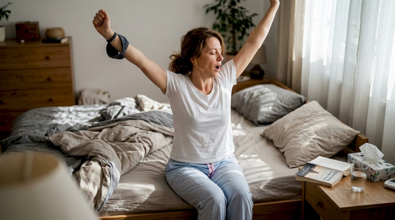 Жена се протяга блажено на леглото в слънчевата утрин.