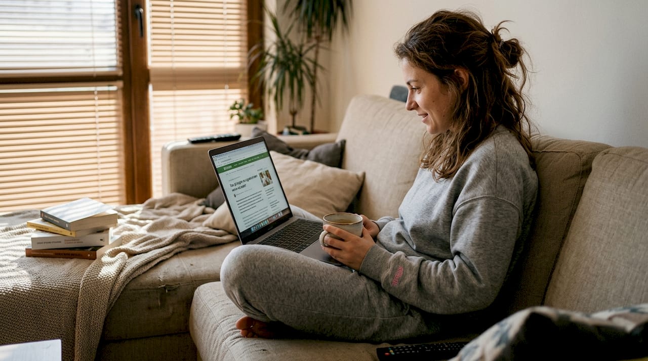 Жена търси информация за здравето си на лаптоп вкъщи.