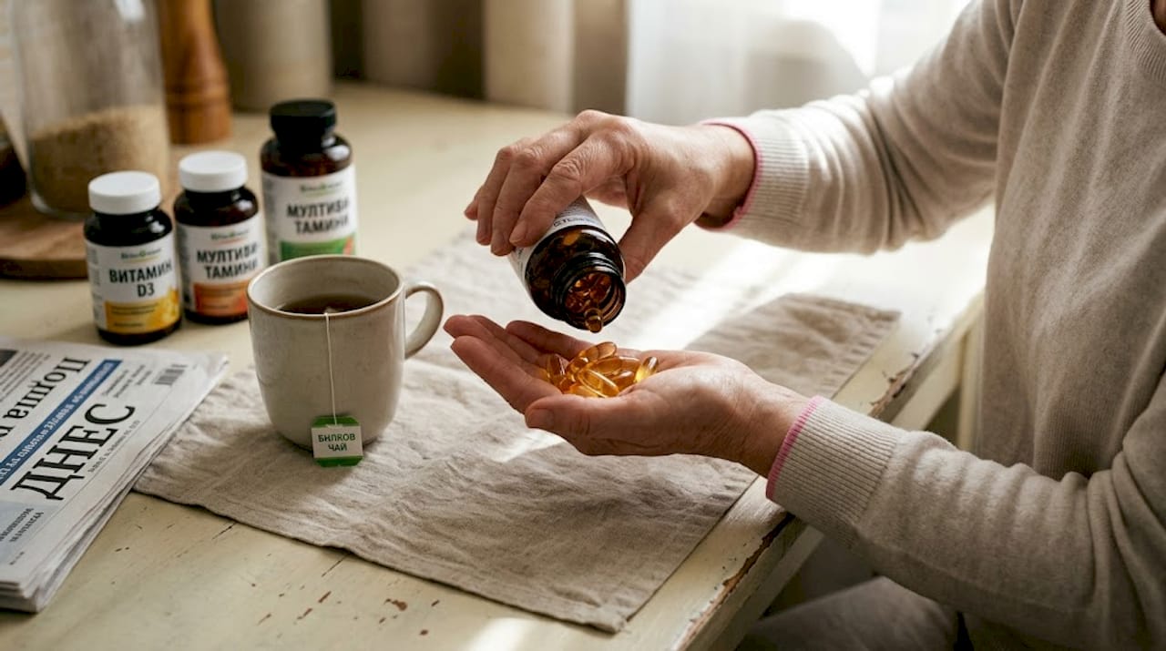 Женска ръка държи отблизо капсули с омега-3.