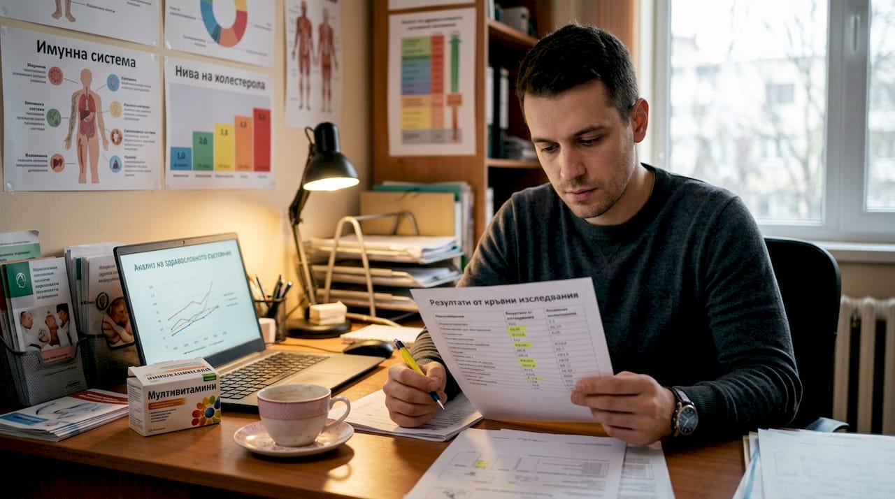 Мъж разглежда резултатите си от кръвни изследвания на лаптопа в лекарския кабинет.