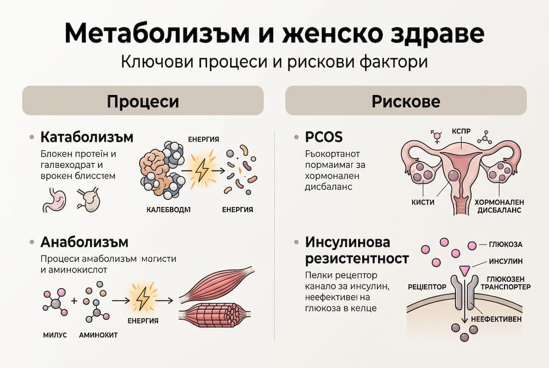 Инфографика, която представя как протичат метаболитните процеси при жените и на какви здравословни рискове са изложени.