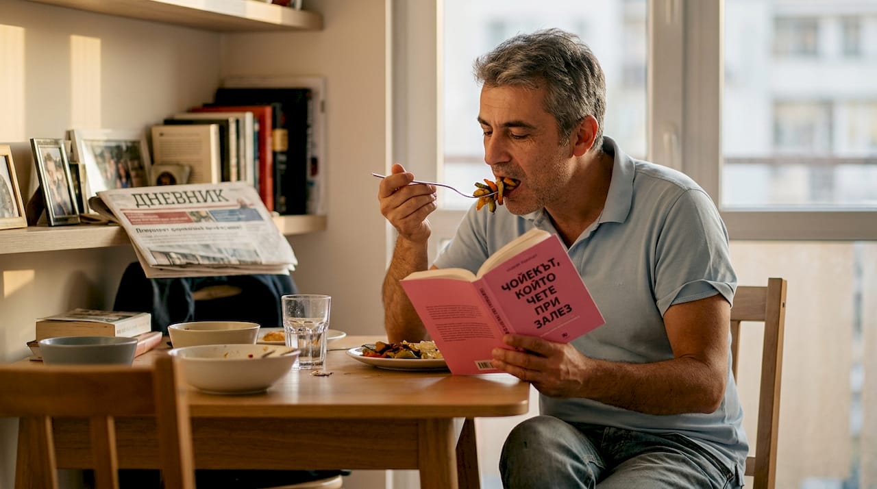 Man calmly chewing dinner at home